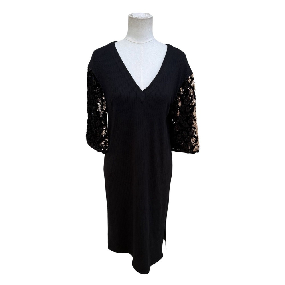RO & DE Black Ribbed Midi Dress XS Gold Sequin Sleeve V Neck Cocktail AWT72756